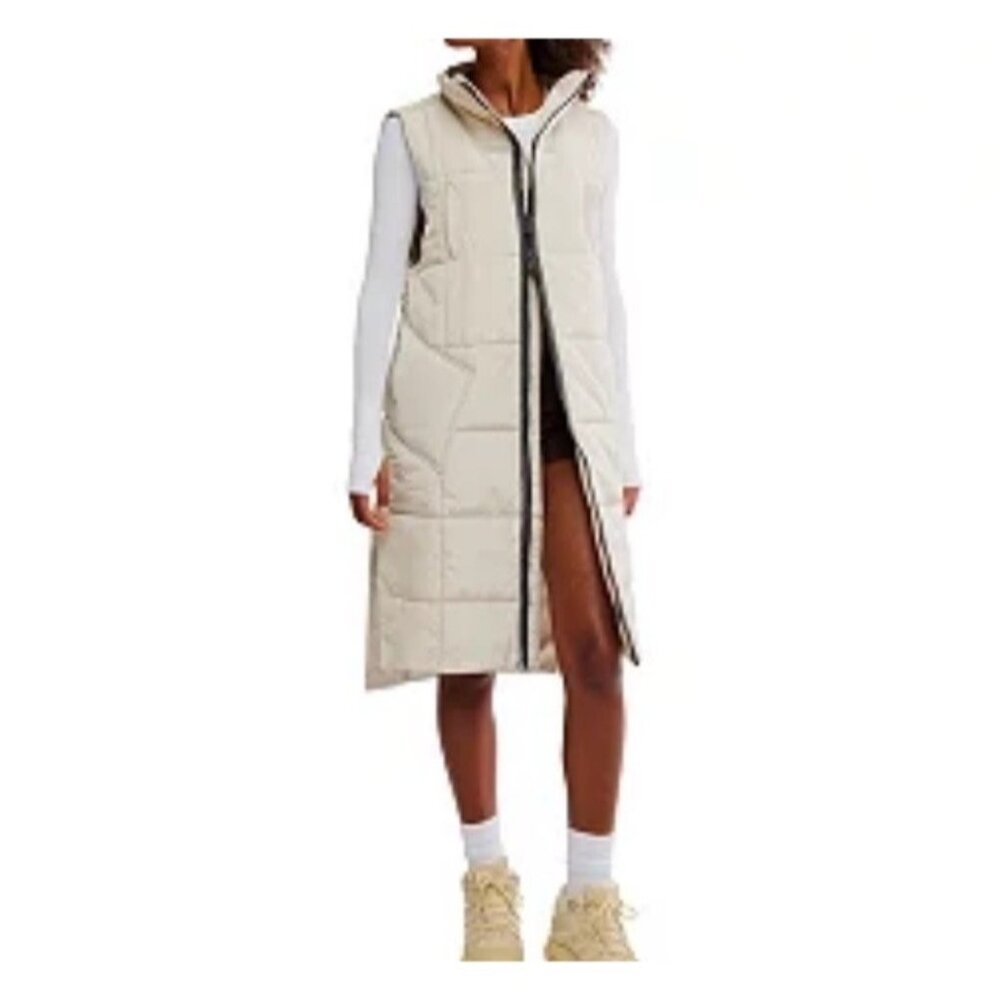 Free People Long Quilted Hooded Vest - Cream